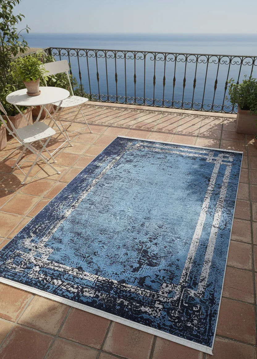 Mavi Lacivert Eskitme Geometrik Bordürlü Modern Halı-Pera Halı