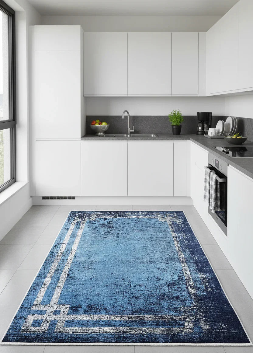 Mavi Lacivert Eskitme Geometrik Bordürlü Modern Halı-Pera Halı