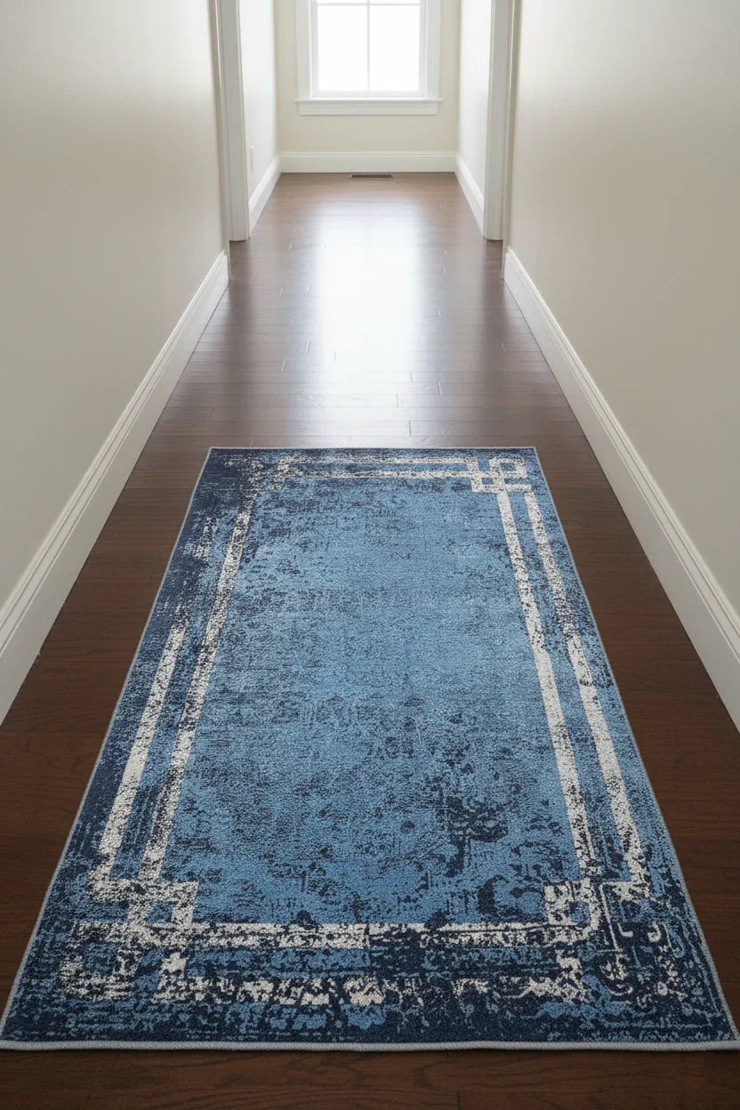 Mavi Lacivert Eskitme Geometrik Bordürlü Modern Halı-Pera Halı