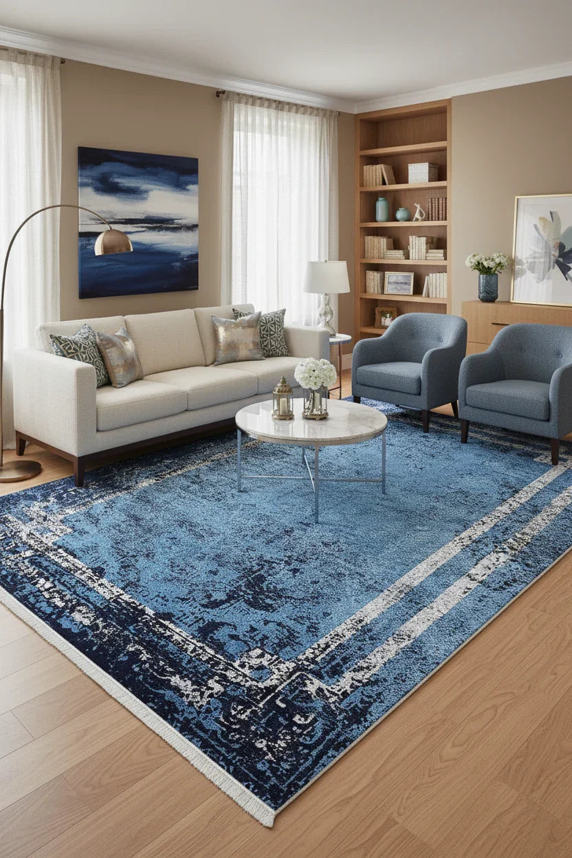 Mavi Lacivert Eskitme Geometrik Bordürlü Modern Halı-Pera Halı