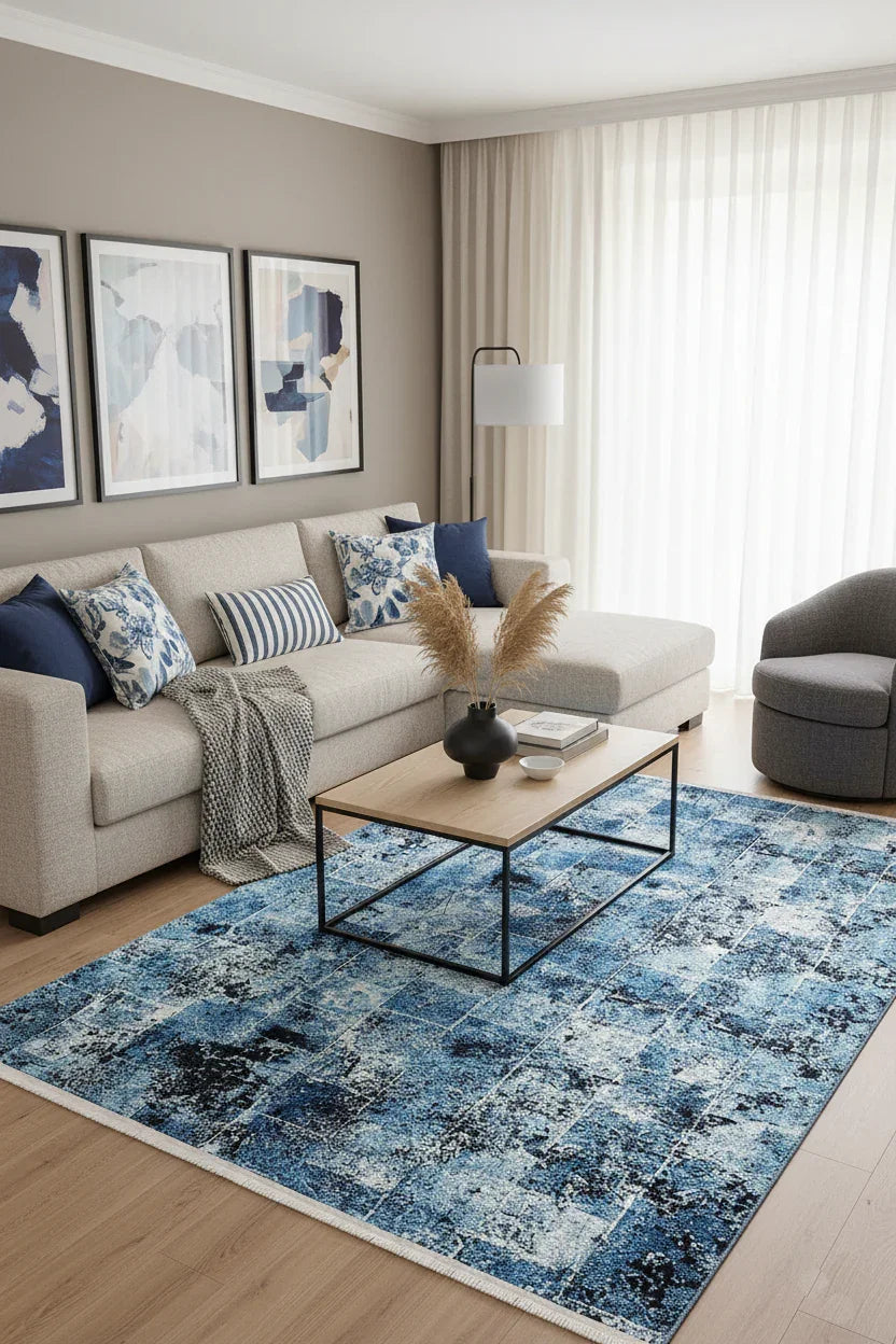 Mavi Tonlamalı Modern Soyut Halı-Pera Halı