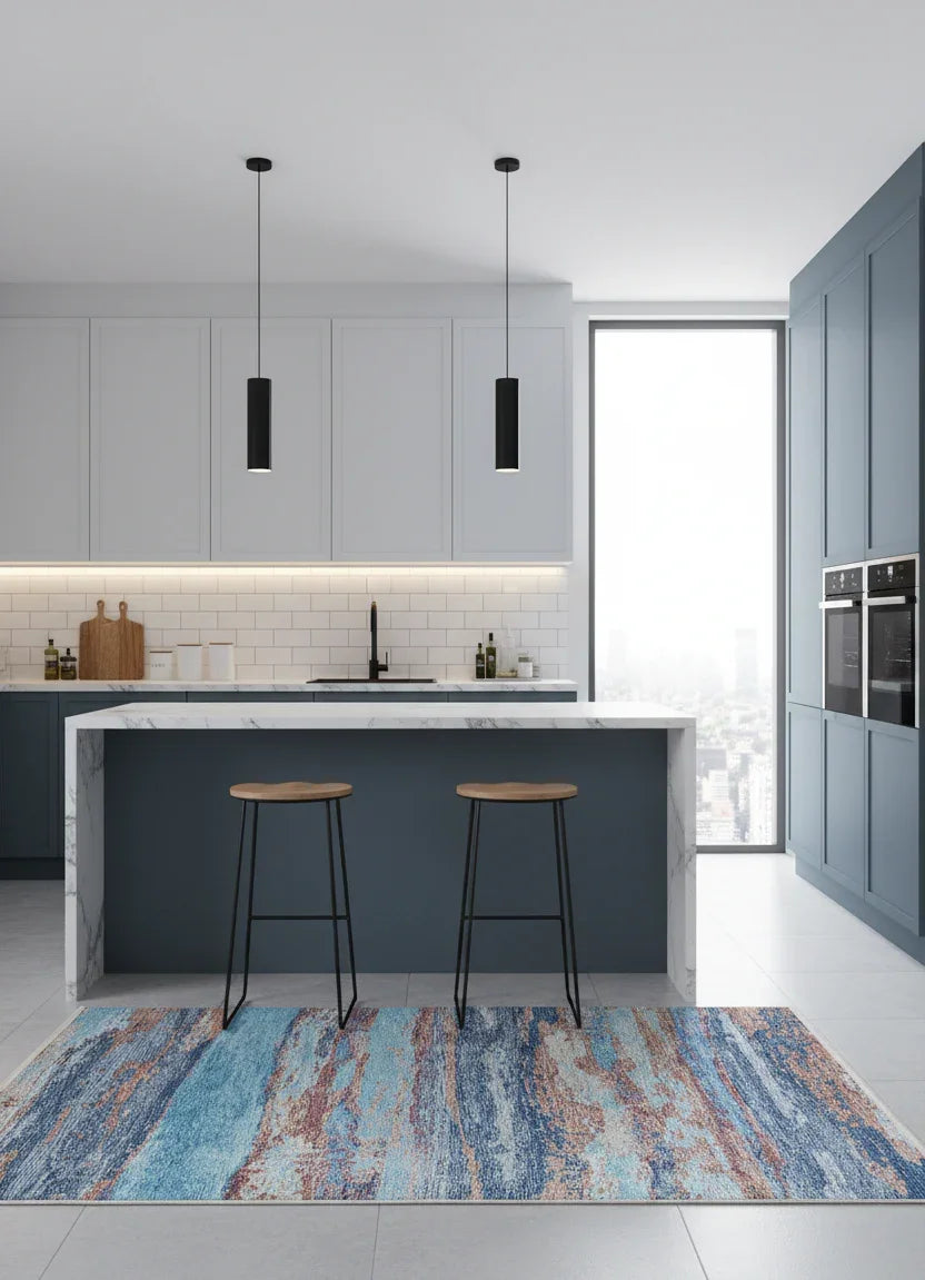 Mavi ve Pas Tonlarında Modern Soyut Sanat Halısı-Pera Halı