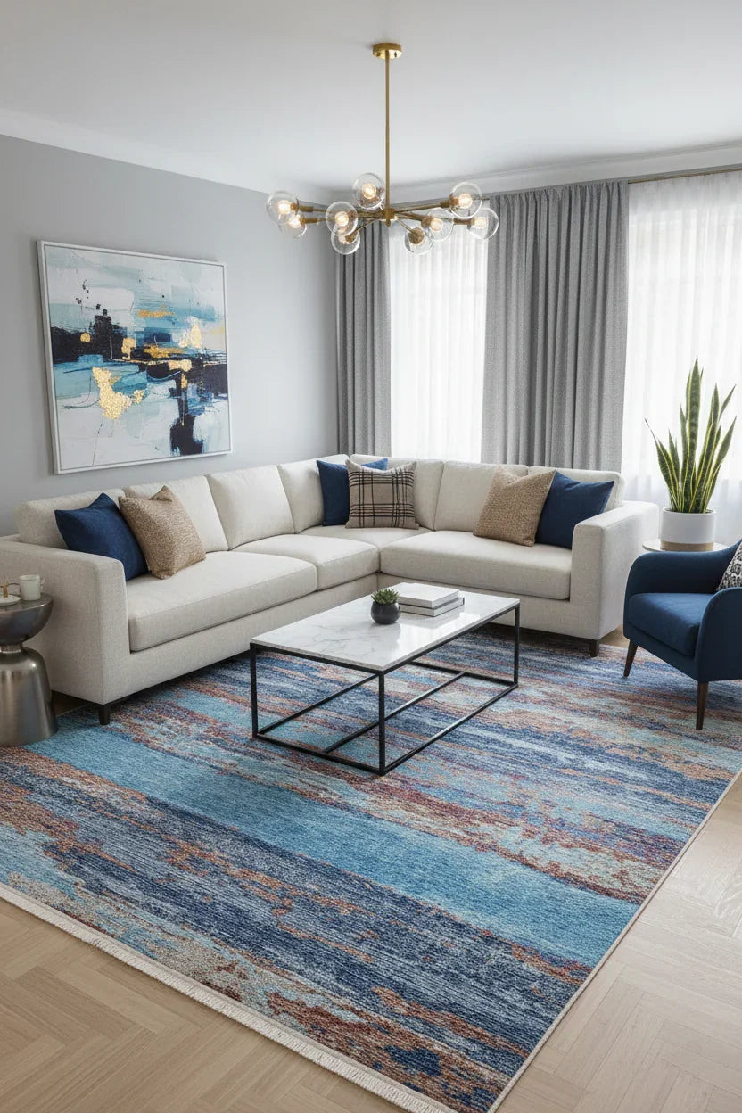 Mavi ve Pas Tonlarında Modern Soyut Sanat Halısı-Pera Halı