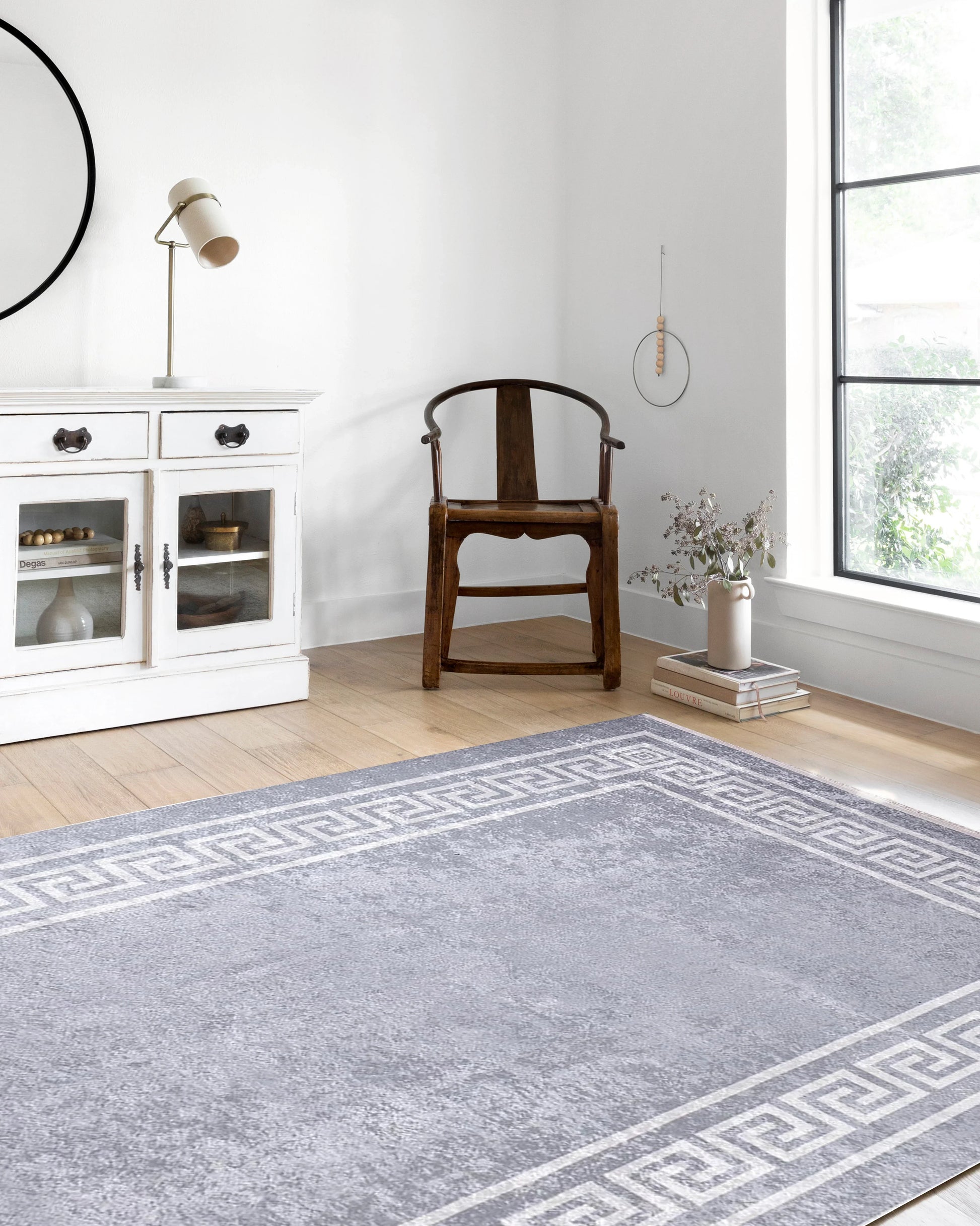 Mermer Desenli Gri Altın Geometrik Bordürlü Halı-Pera Halı