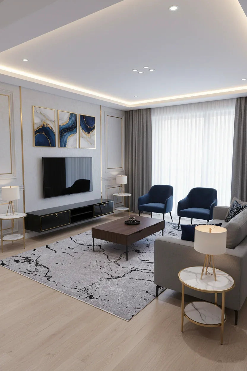 Mermer Desenli Gri Modern Halı-Pera Halı