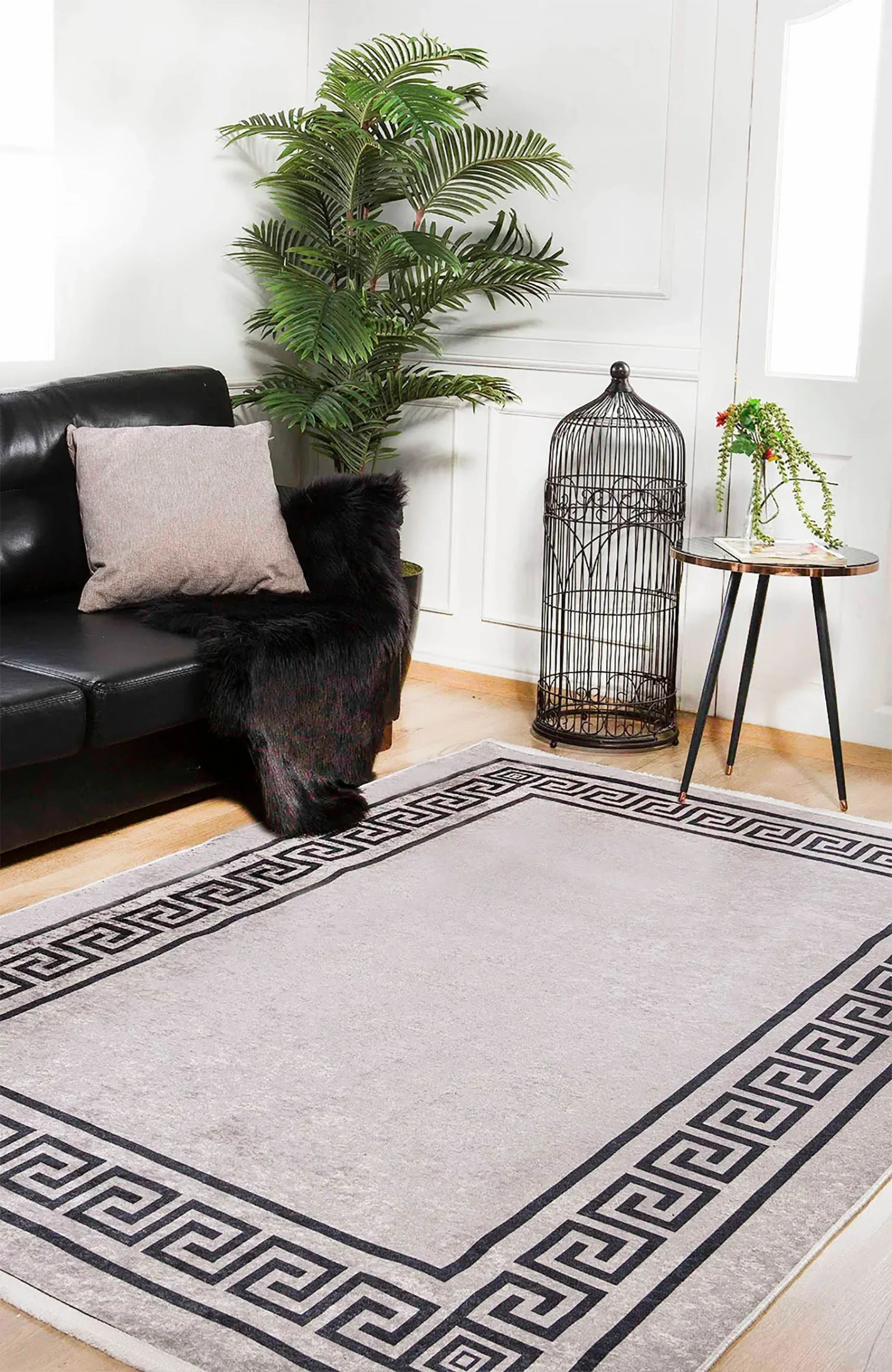 Mermer Desenli Kahverengi Geometrik Bordürlü Halı-Pera Halı