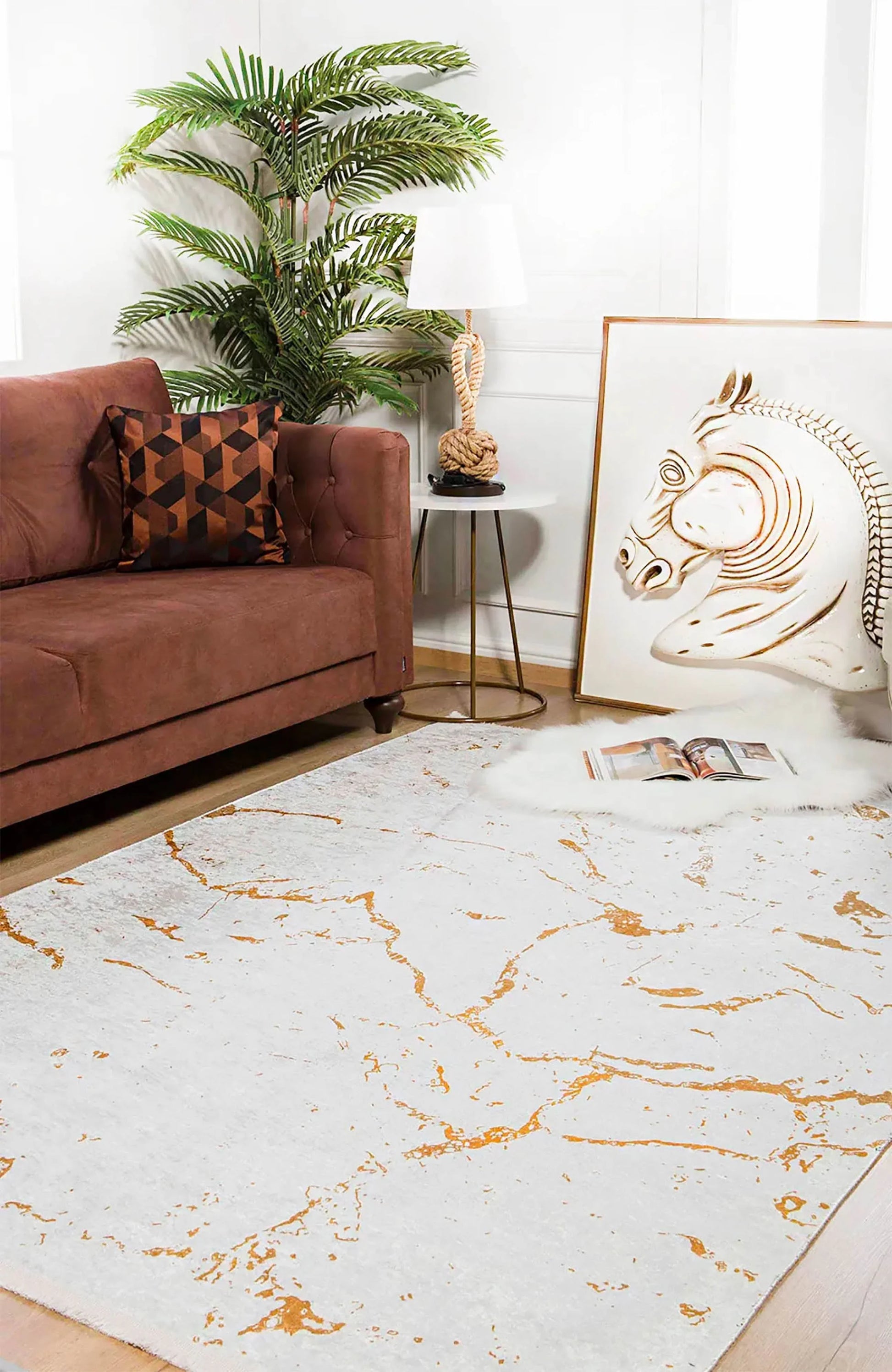 Mermer Desenli Krem Altın Modern Halı-Pera Halı