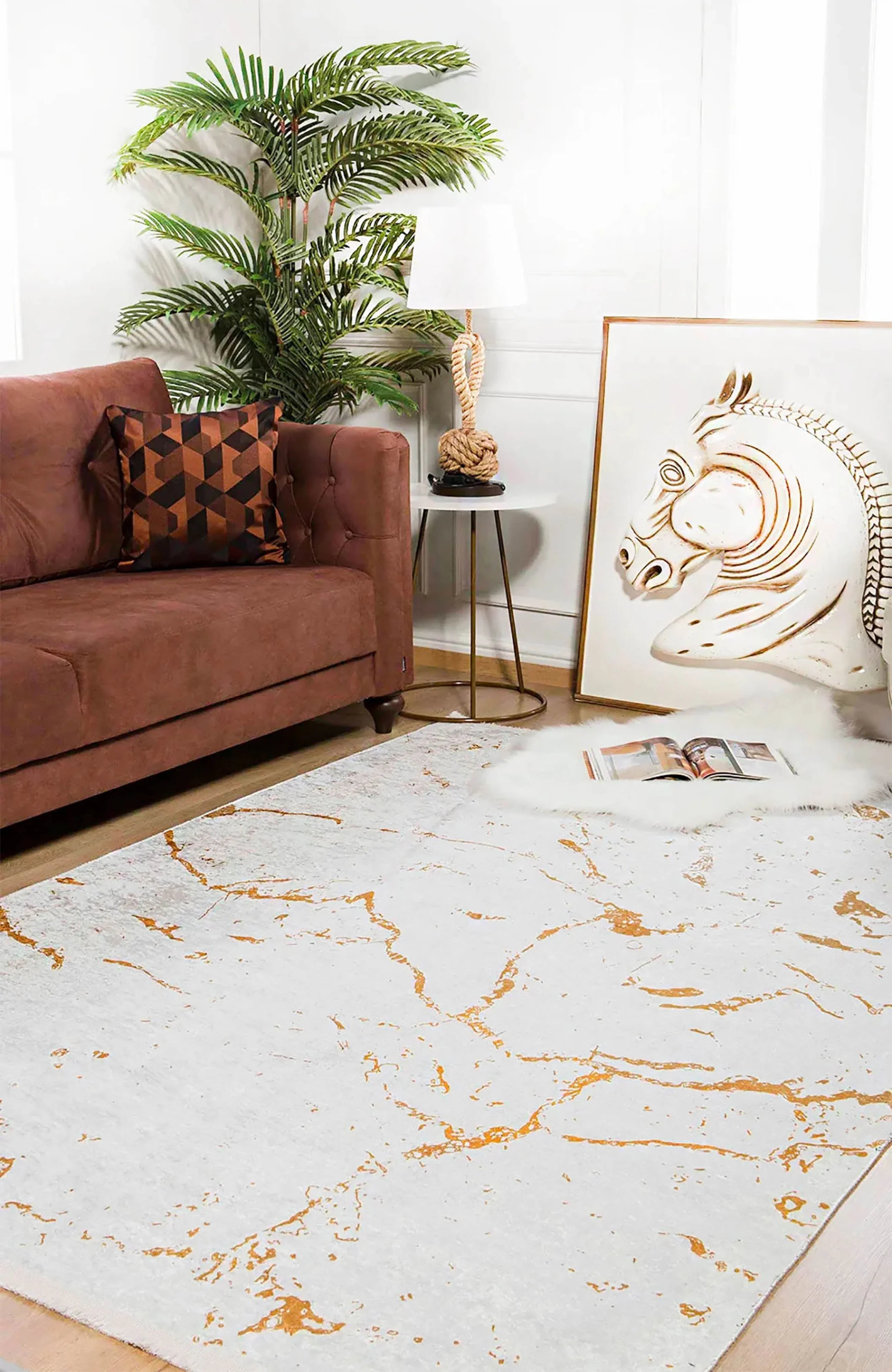 Mermer Desenli Krem Altın Modern Halı-Pera Halı