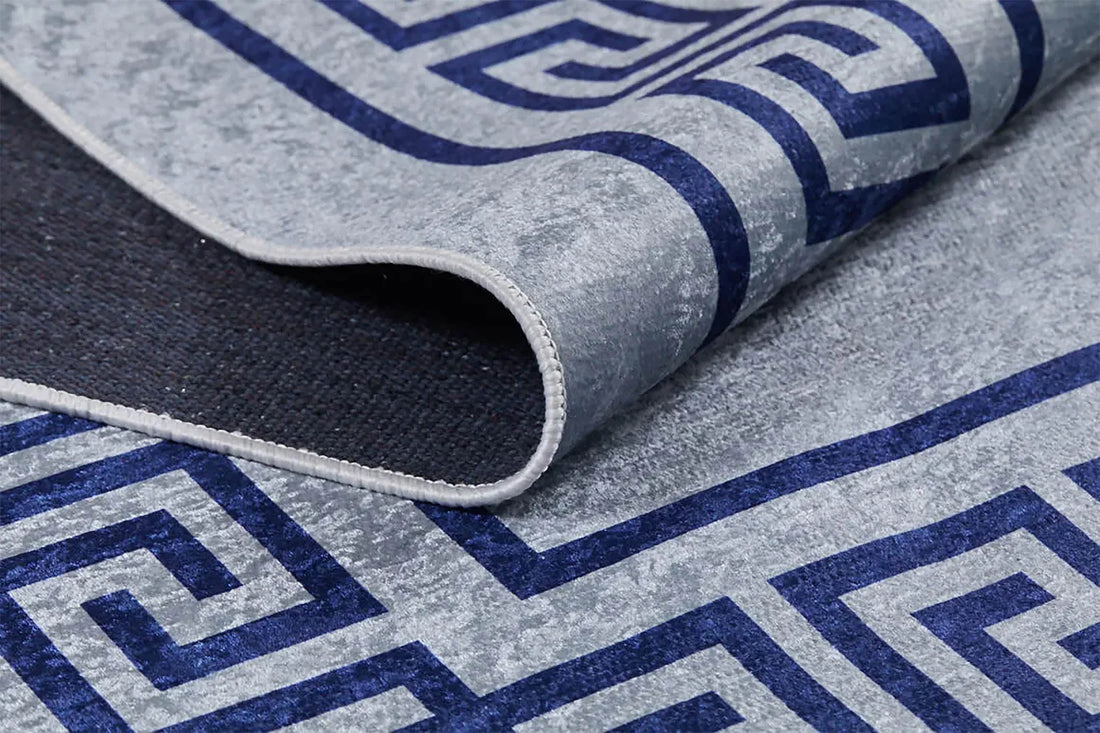 Mermer Desenli Mavi Gri Geometrik Bordürlü Halı-Pera Halı