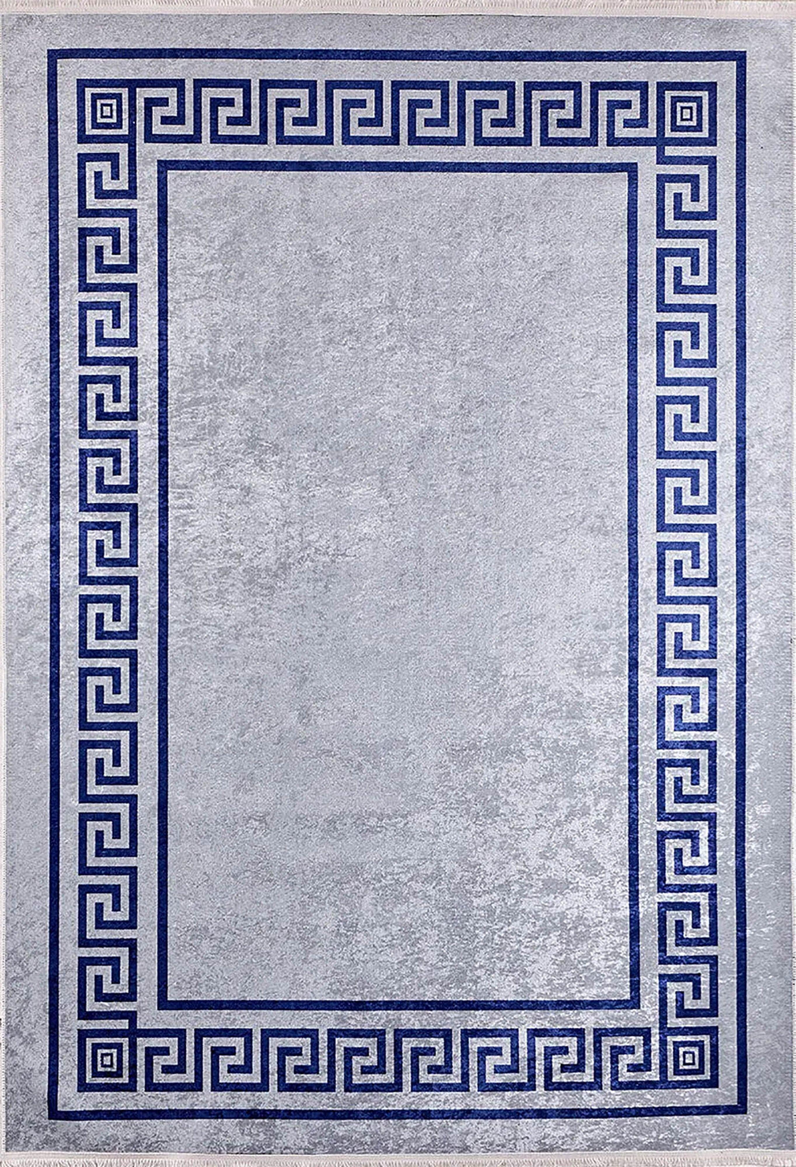 Mermer Desenli Mavi Gri Geometrik Bordürlü Halı-Pera Halı
