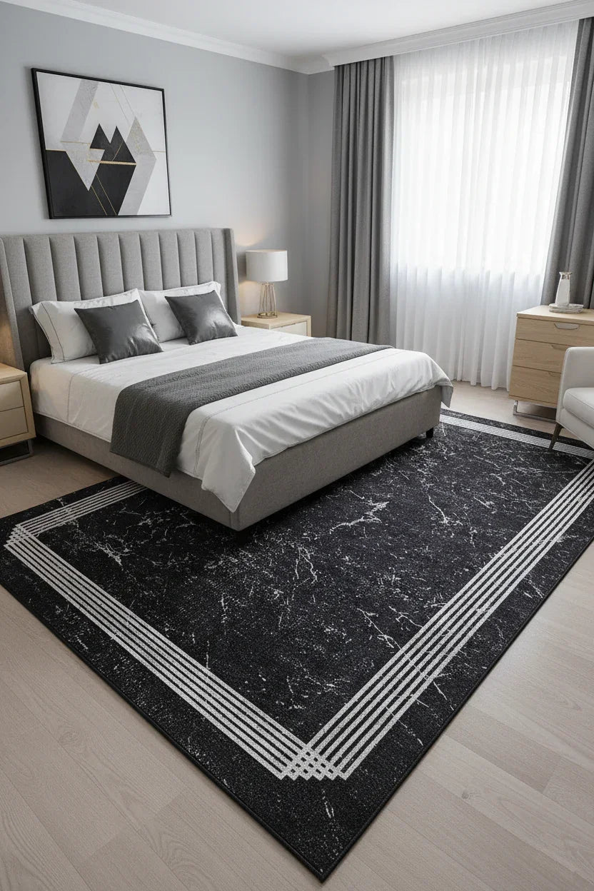 Mermer Desenli Modern Siyah Halı-Pera Halı