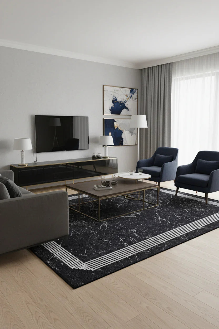 Mermer Desenli Modern Siyah Halı-Pera Halı