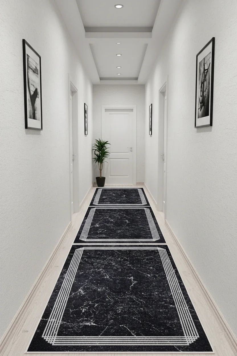 Mermer Desenli Modern Siyah Halı-Pera Halı