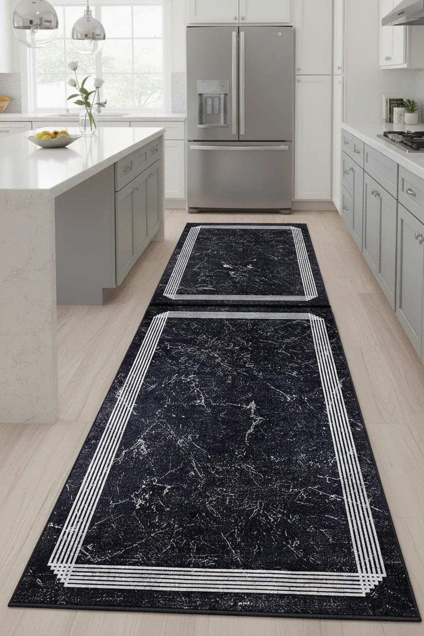 Mermer Desenli Modern Siyah Halı-Pera Halı