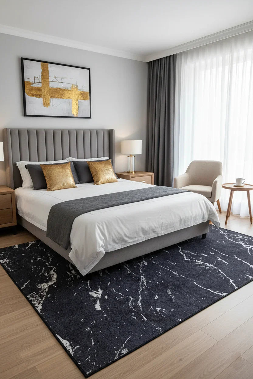 Mermer Desenli Siyah Halı-Pera Halı