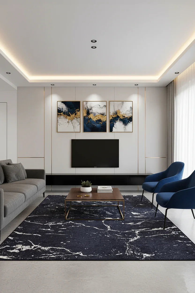 Mermer Desenli Siyah Halı-Pera Halı