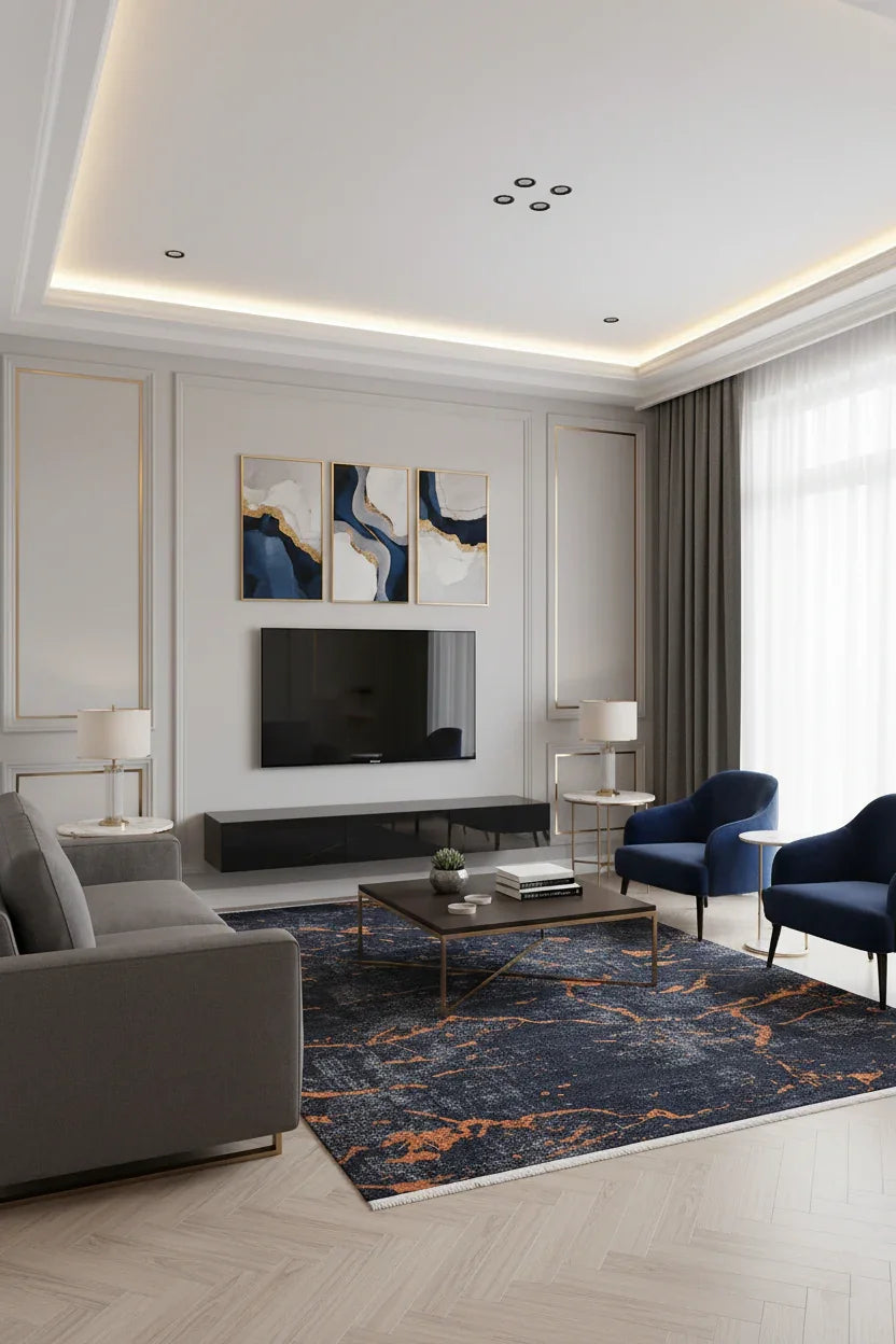 Mermer Desenli Siyah Kahverengi Modern Halı-Pera Halı