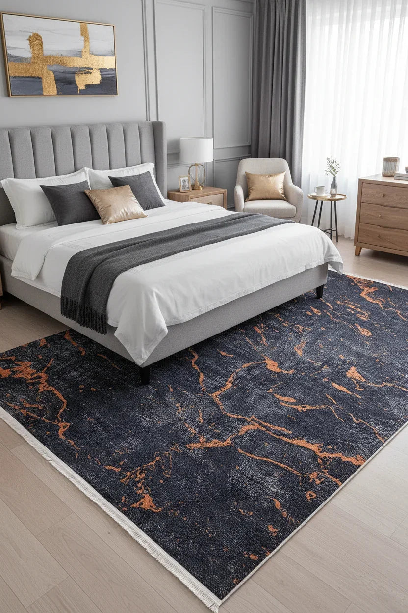 Mermer Desenli Siyah Kahverengi Modern Halı-Pera Halı