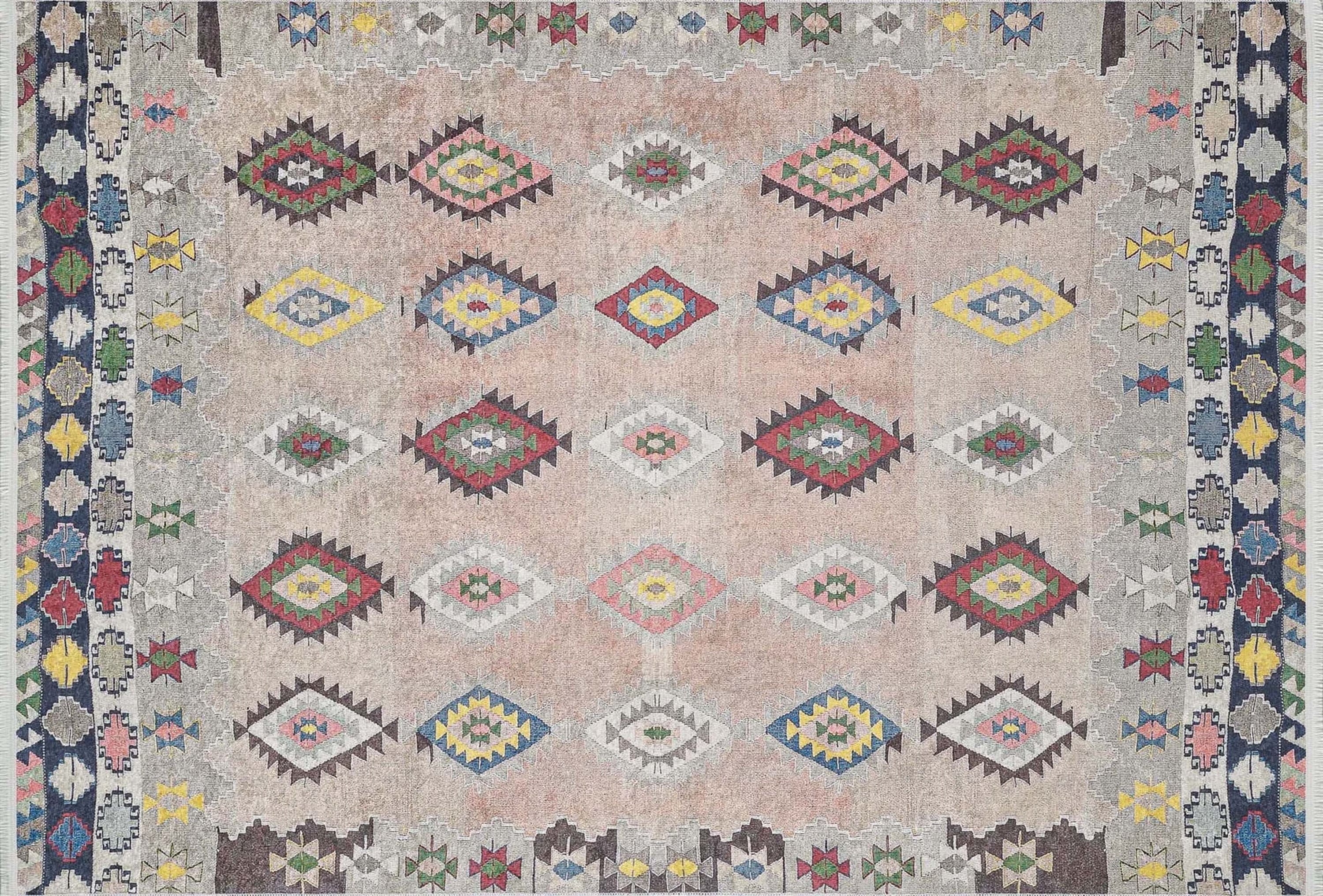 Pembe Bej Geometrik Desenli Anadolu Kilim Halı - Pera Halı