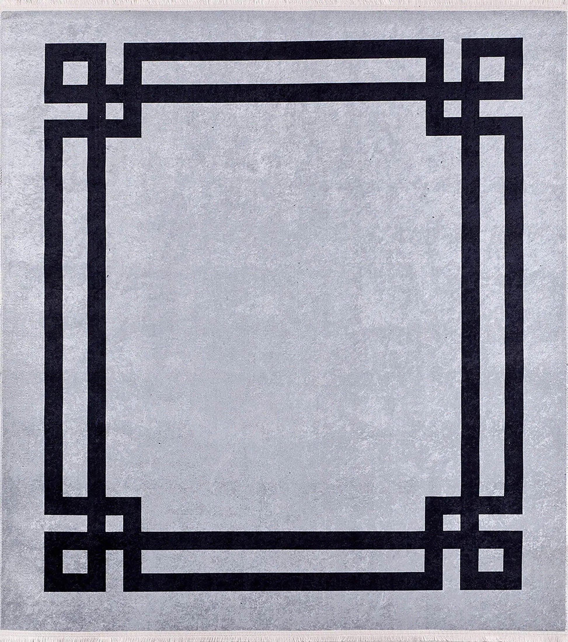 Minimalist Açık Gri Kalın Siyah Çerçeveli Çin Anahtar Bordürlü Halı-Pera Halı