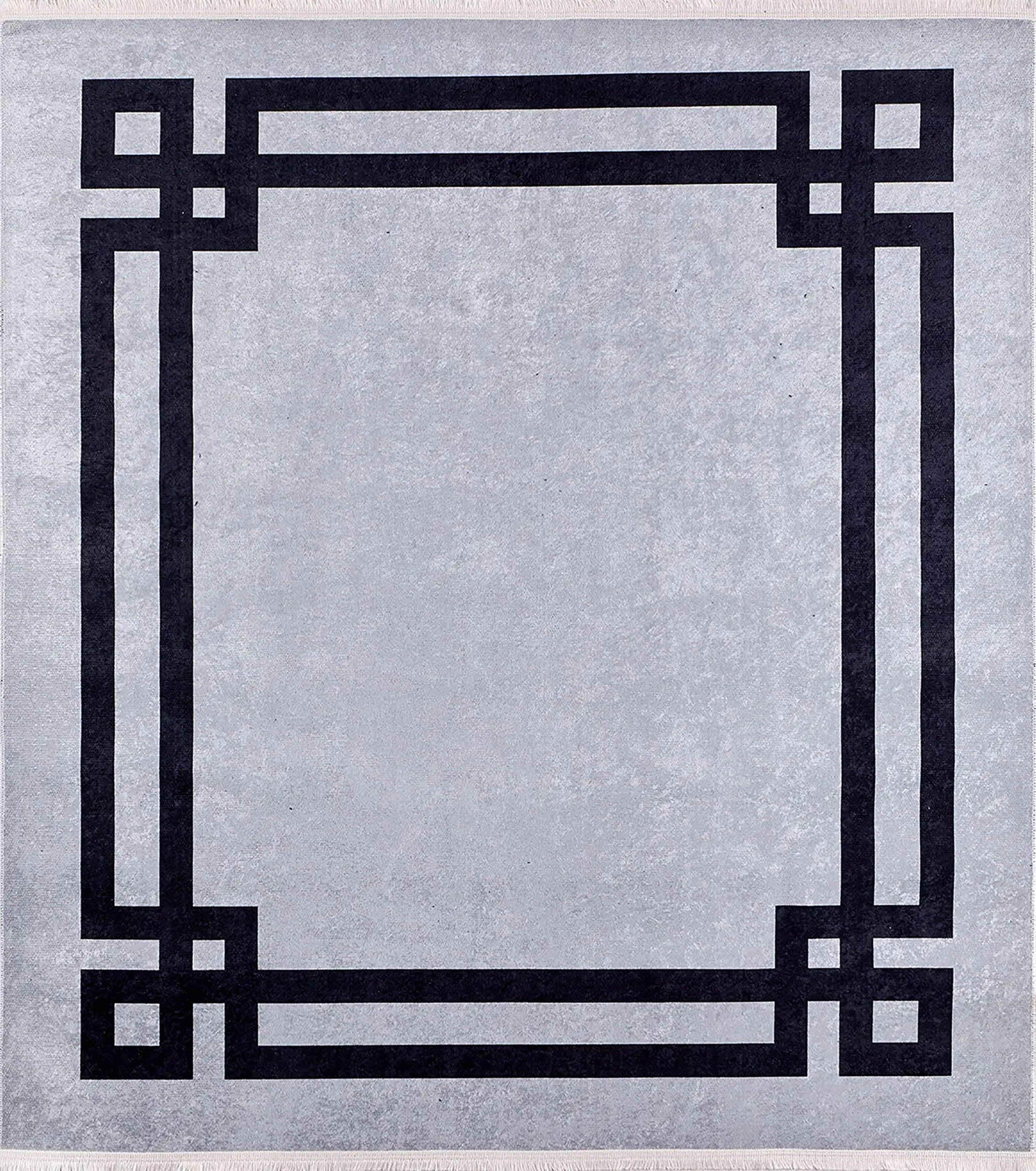 Minimalist Açık Gri Kalın Siyah Çerçeveli Çin Anahtar Bordürlü Halı-Pera Halı