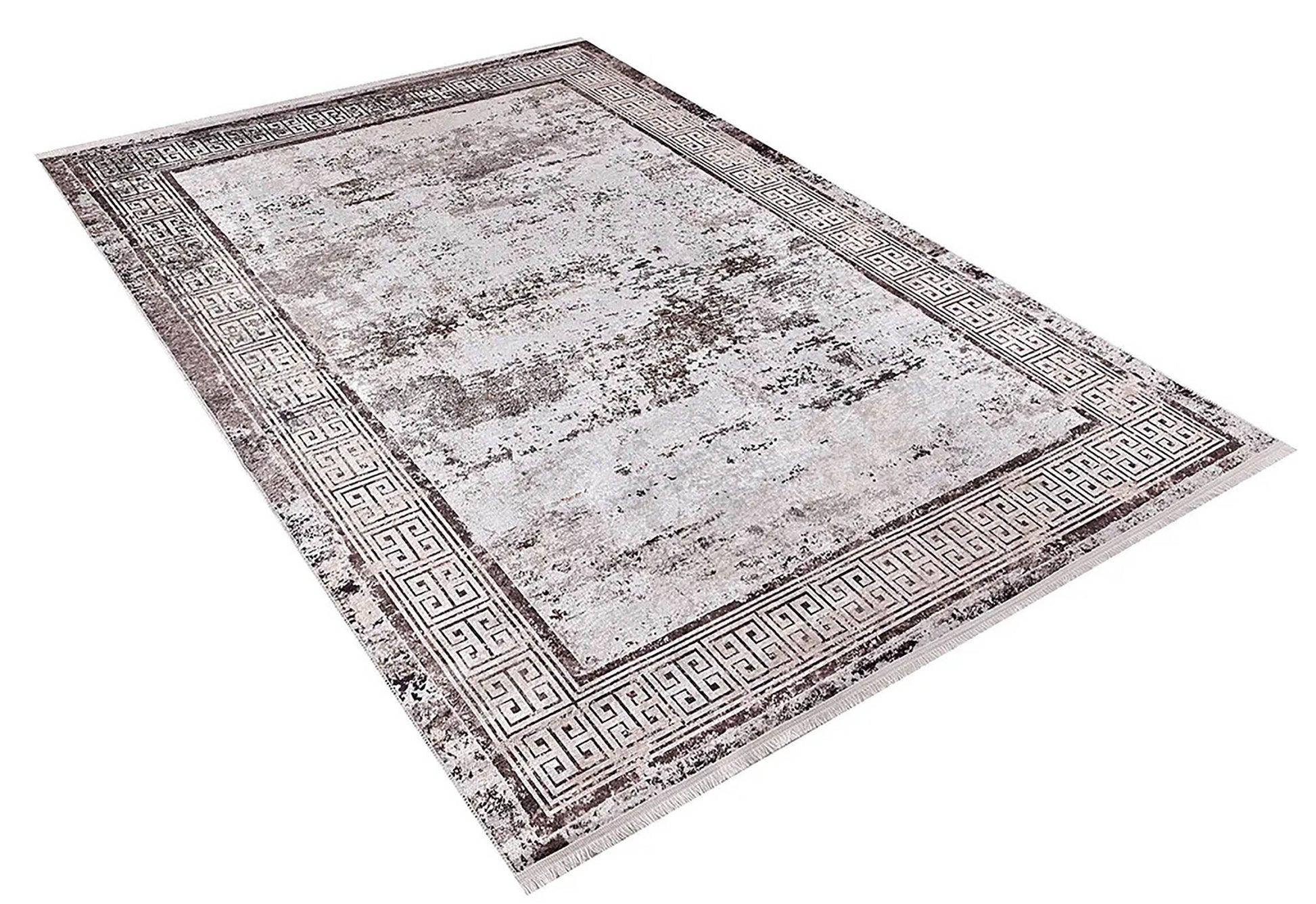 Minimalist Eskitme Krem Bej Kahve Yunan Anahtar Bordürlü Halı-Pera Halı