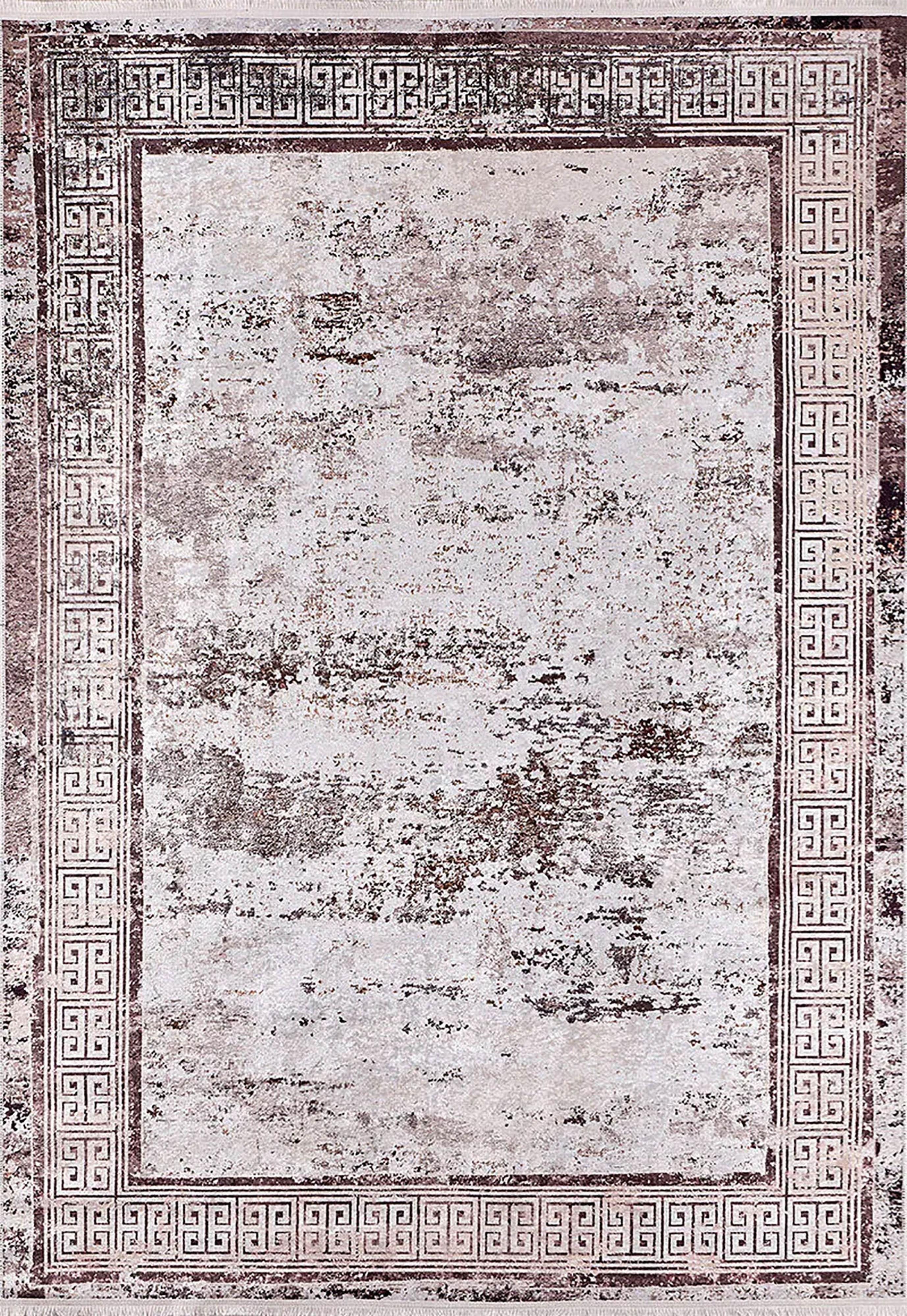 Minimalist Eskitme Krem Bej Kahve Yunan Anahtar Bordürlü Halı-Pera Halı