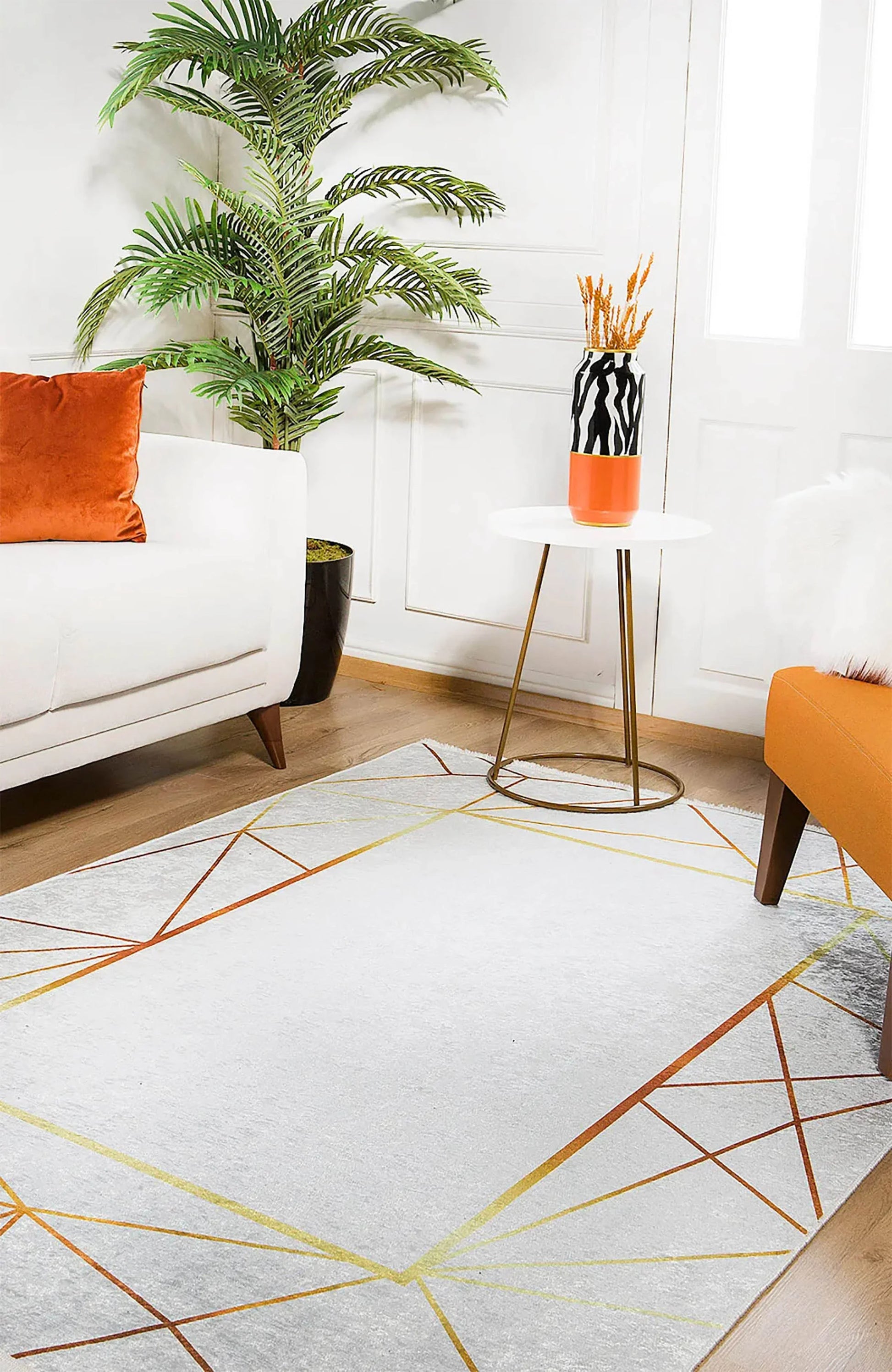 Minimalist Geometrik Çizgili Açık Gri ve Altın Detaylı Halı-Pera Halı