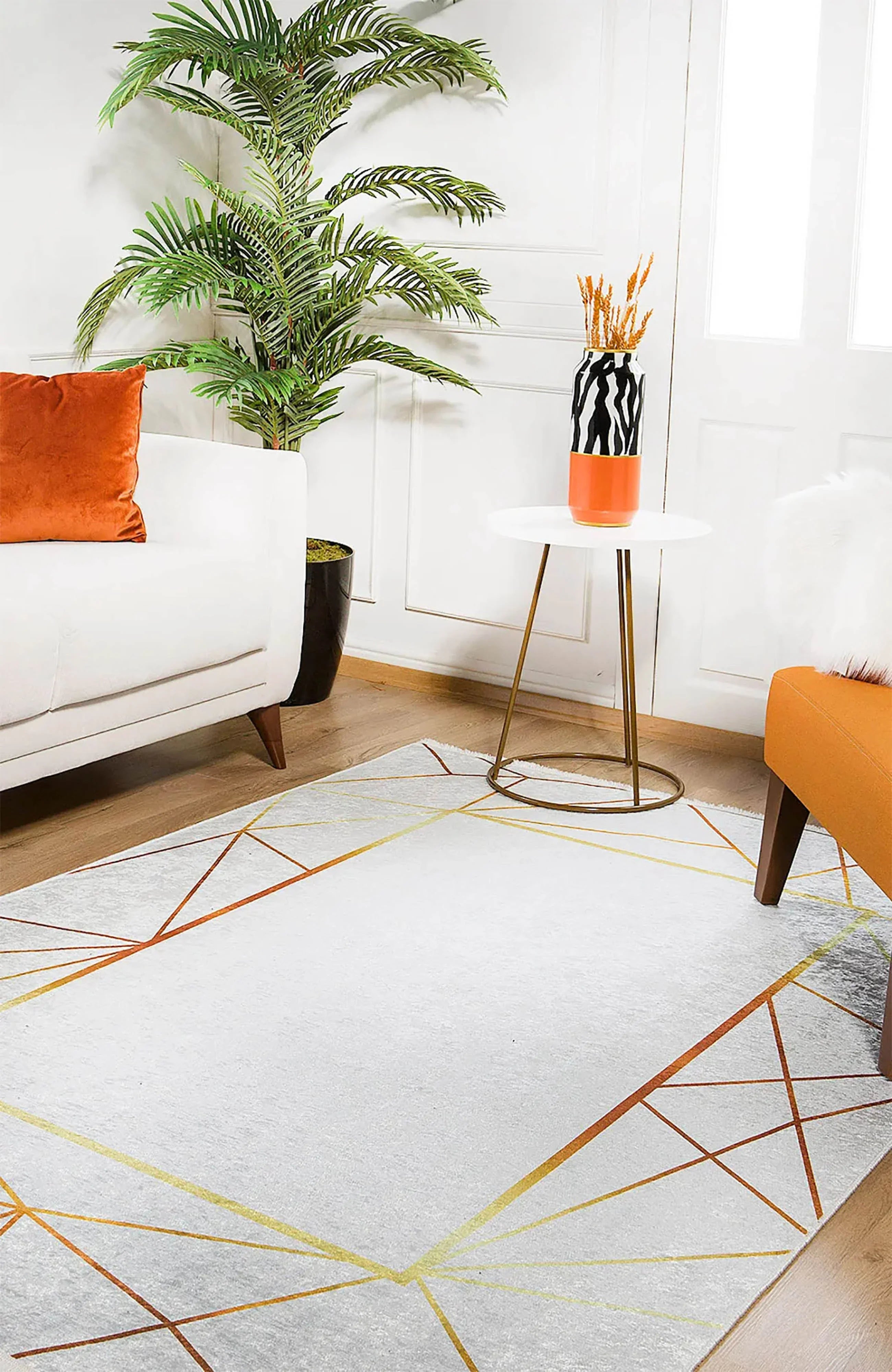 Minimalist Geometrik Çizgili Açık Gri ve Altın Detaylı Halı-Pera Halı