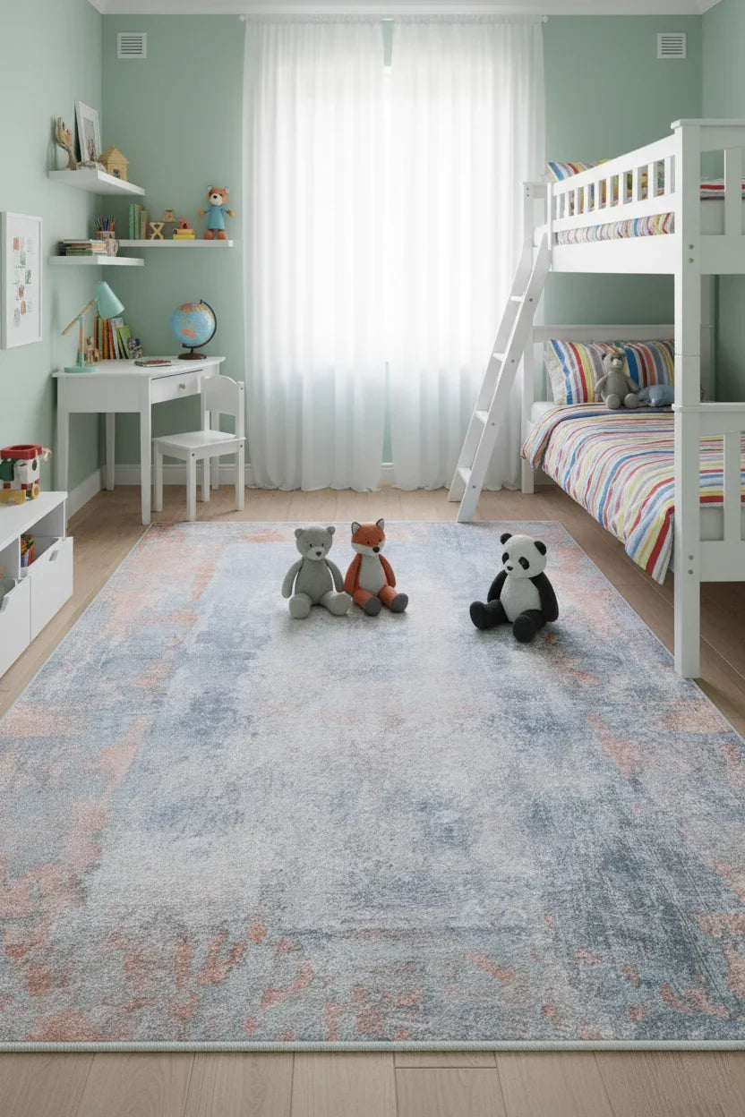 Modern Gri ve Bakır Tonlu Soyut Desenli Yıkanabilir Halı-Pera Halı