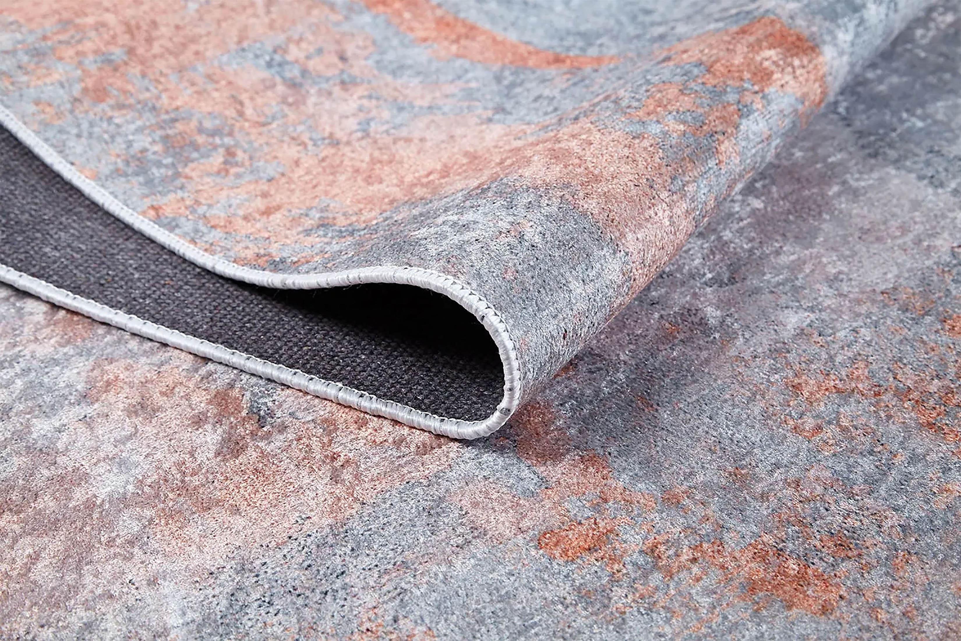 Modern Gri ve Bakır Tonlu Soyut Desenli Yıkanabilir Halı-Pera Halı