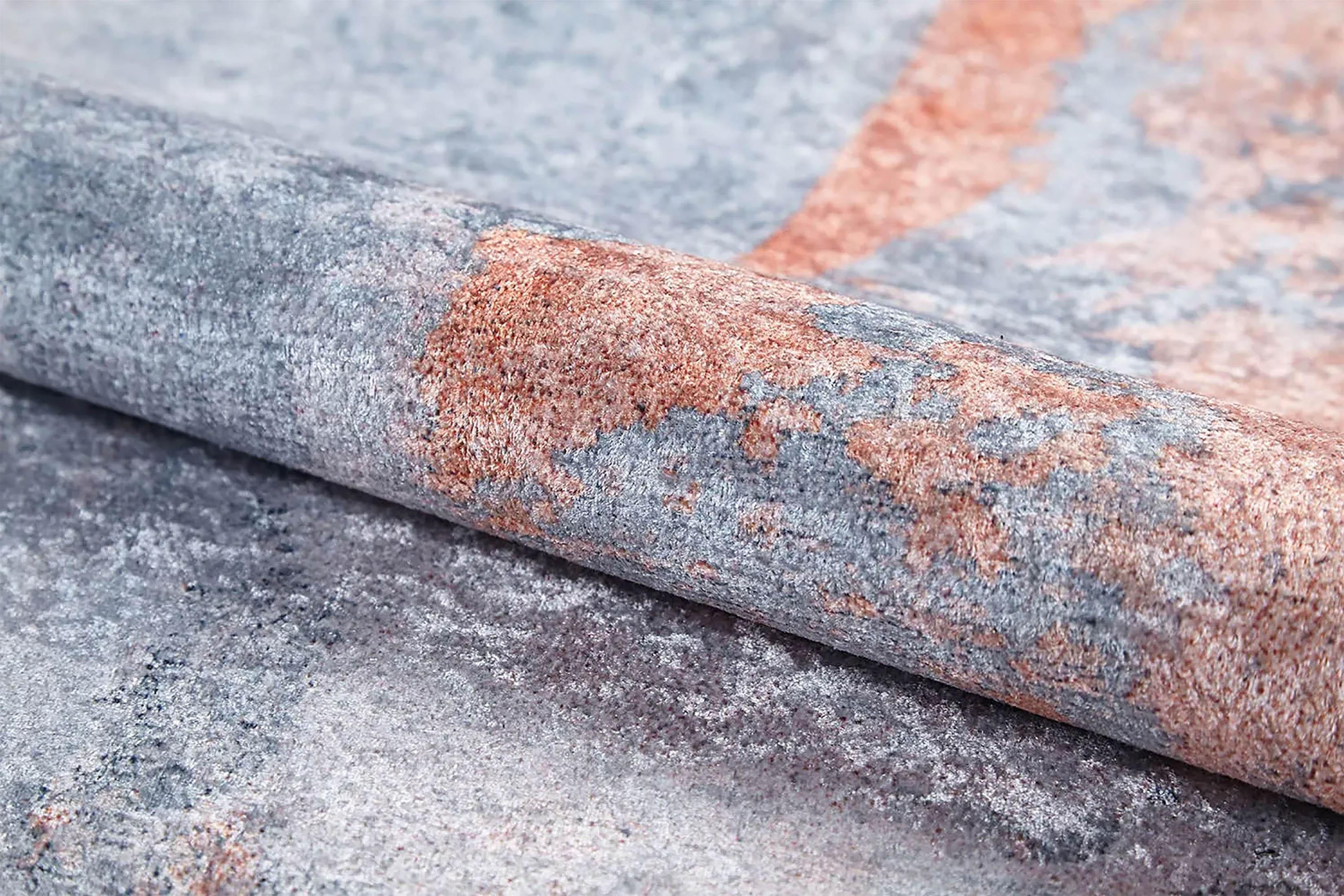 Modern Gri ve Bakır Tonlu Soyut Desenli Yıkanabilir Halı-Pera Halı