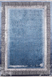 Modern Mavi Labirent Desenli Gümüş Gri Yunan Bordürlü Halı-Pera Halı