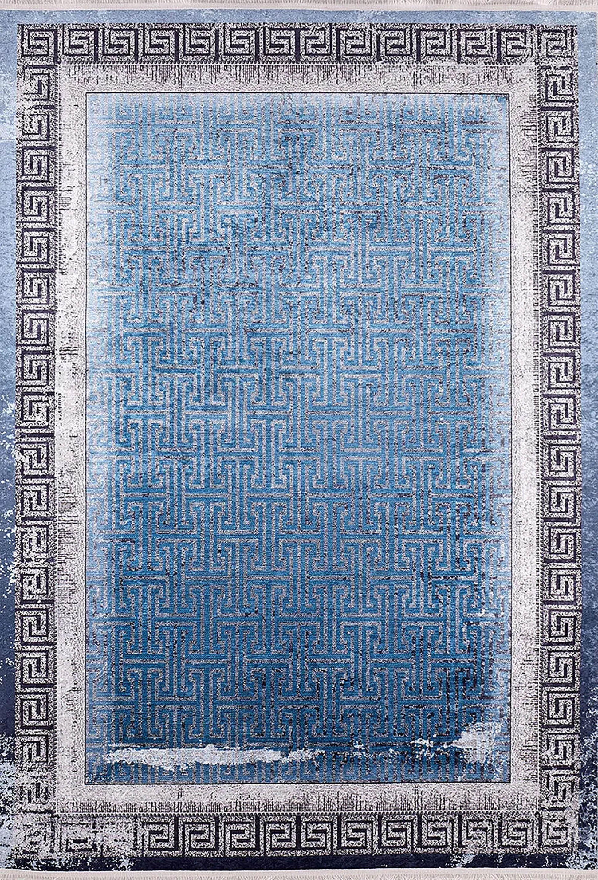 Modern Mavi Labirent Desenli Gümüş Gri Yunan Bordürlü Halı-Pera Halı