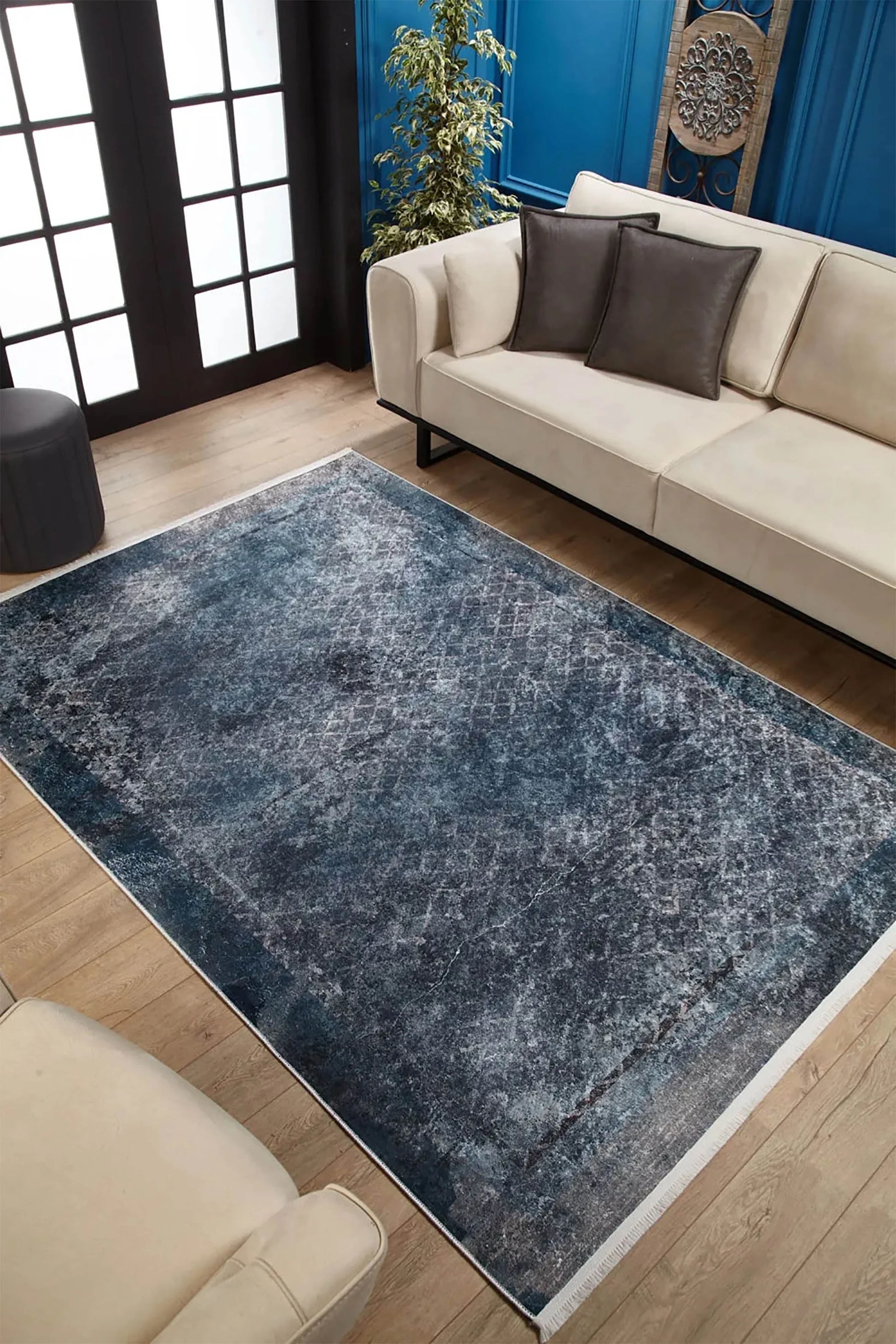 Modern Soyut Mavi Eskitme Halı-Pera Halı