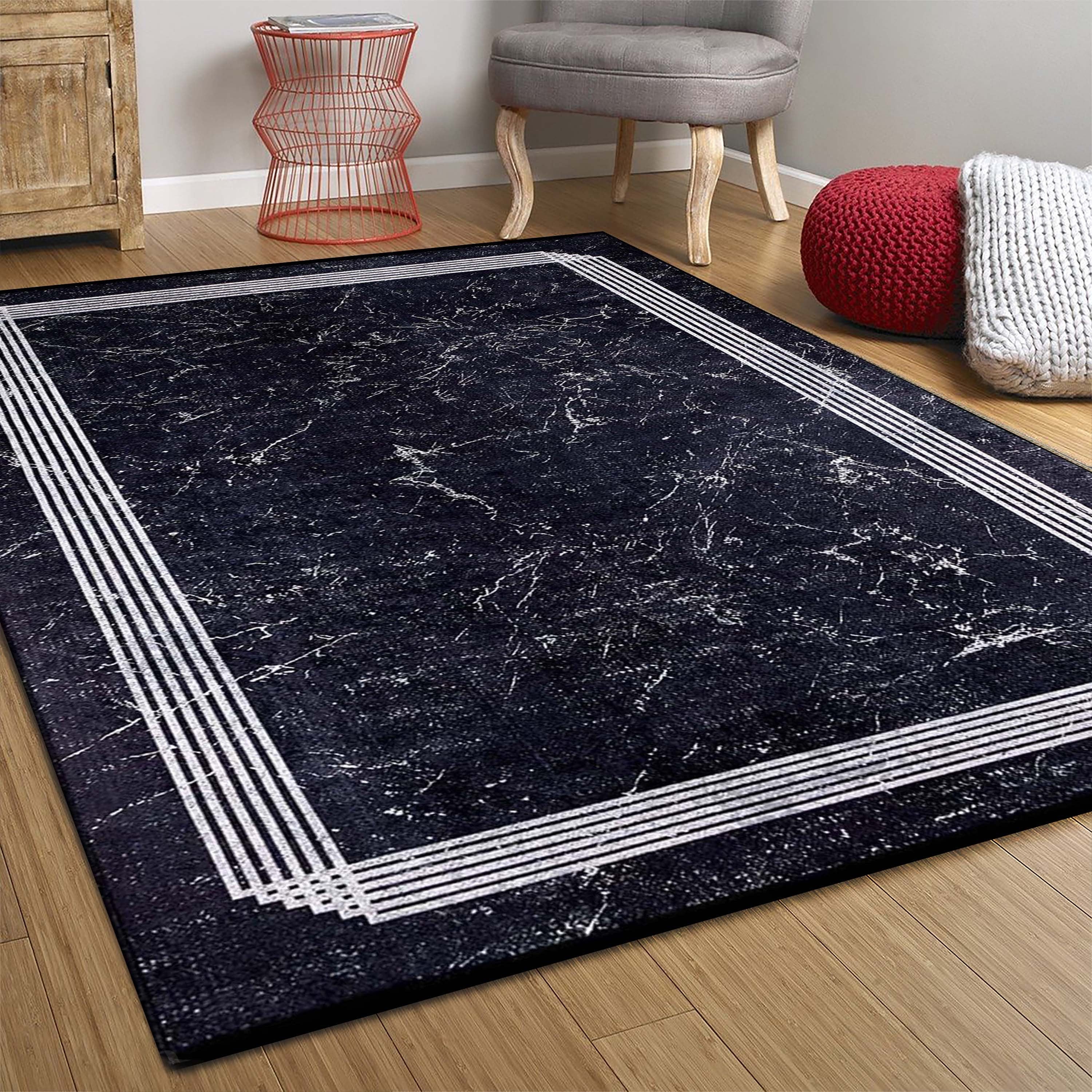 Mermer Desenli Modern Siyah Halı - Pera Halı