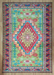 Canlı Yeşil ve Kırmızı Etnik Kilim Desenli Bohem Halı - OUTLET - 11449OU