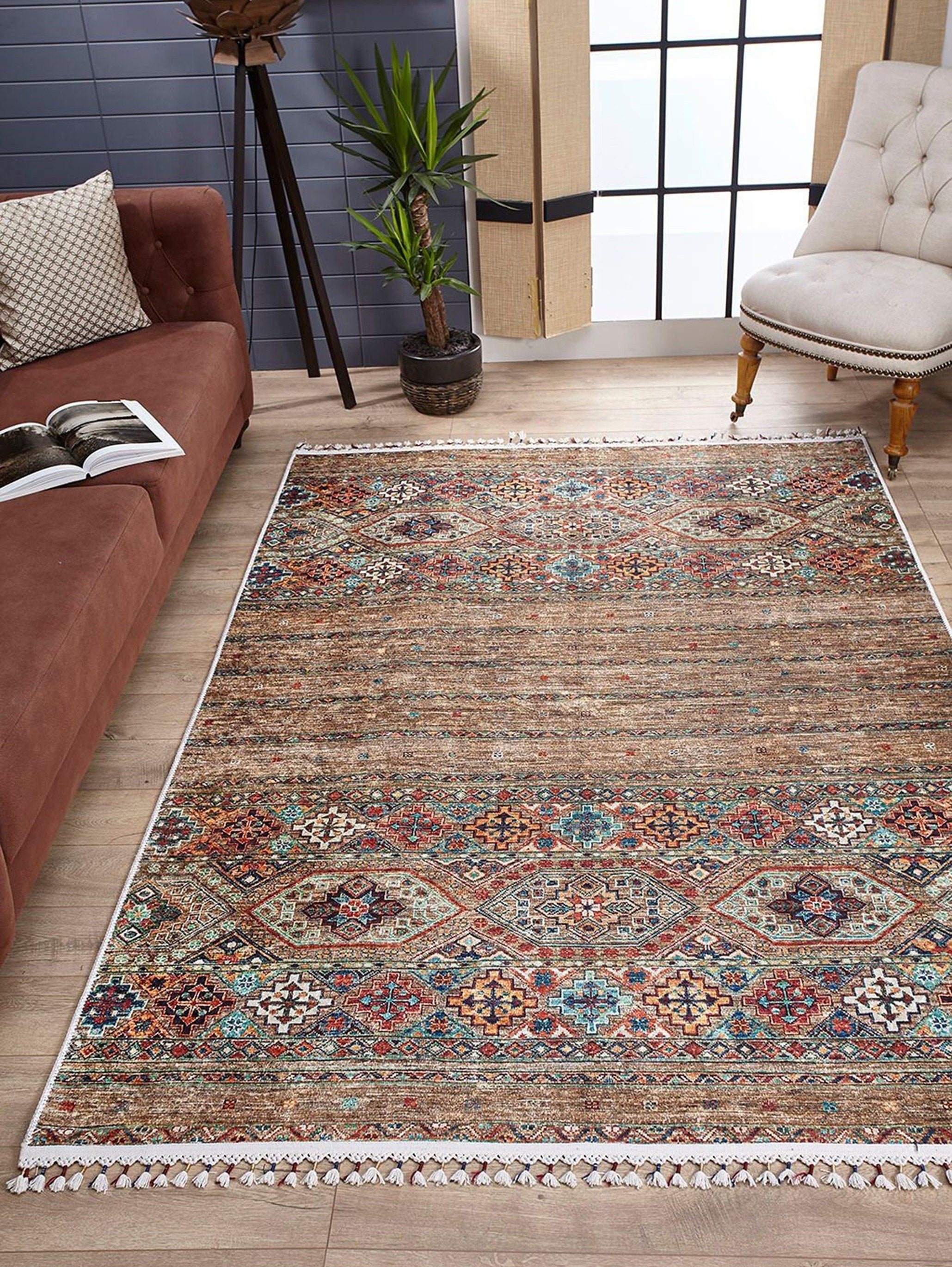 Anadolu Tarzı Kahverengi Bej Geometrik Desenli Kilim Halı - Pera Halı