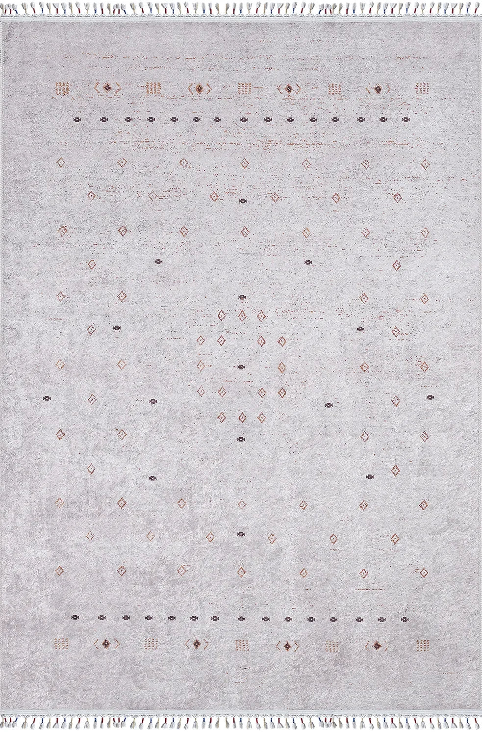 Örgü Saçaklı Açık Gri Minimal Etnik Halı-Pera Halı