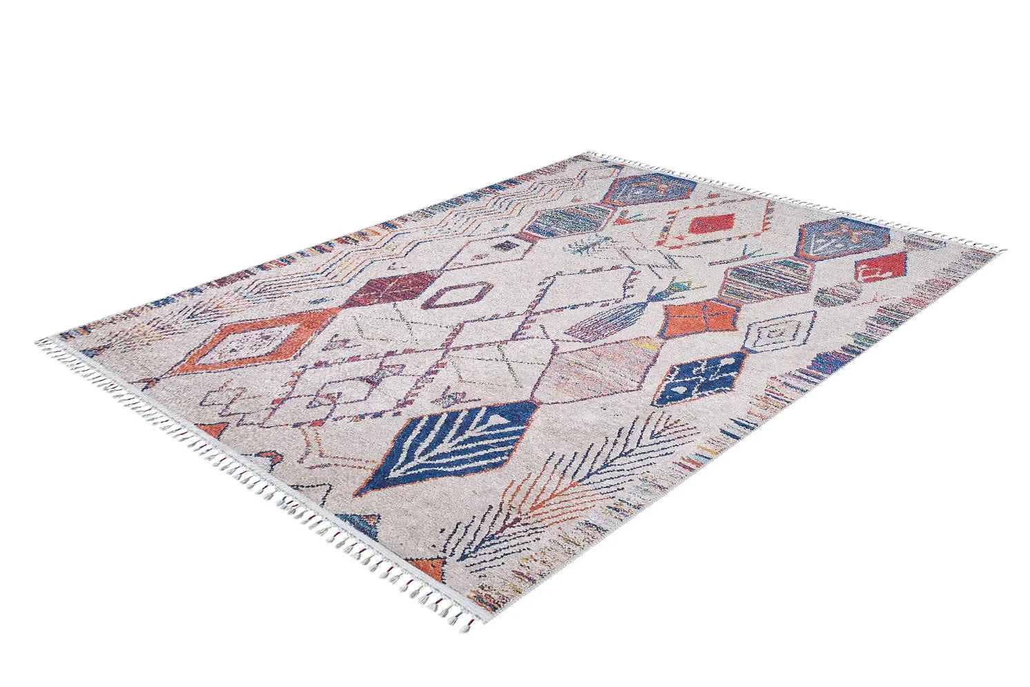 Örgü Saçaklı Bej Çok Renkli Otantik Halı-Pera Halı