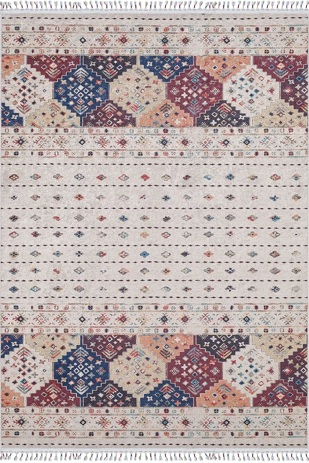 Örgü Saçaklı Bej Etnik Şerit Desenli Halı-Pera Halı