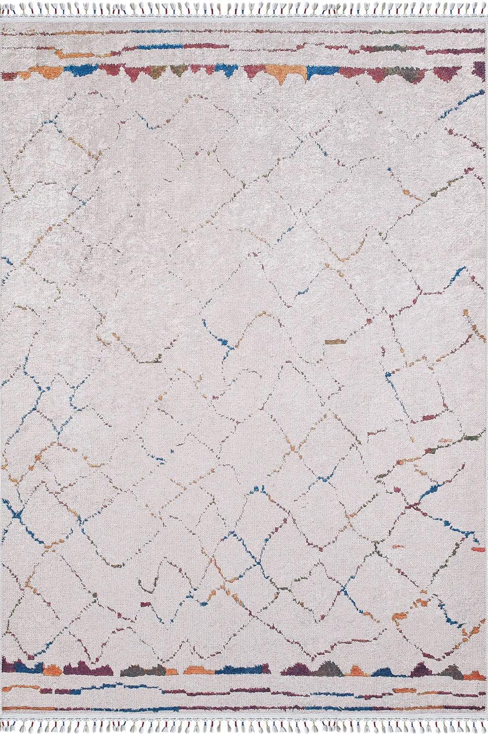 Örgü Saçaklı Bej İnce Çizgili Desenli Halı-Pera Halı