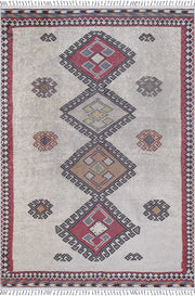 Örgü Saçaklı Bej Kırmızı Fas Etnik Desenli Halı-Pera Halı