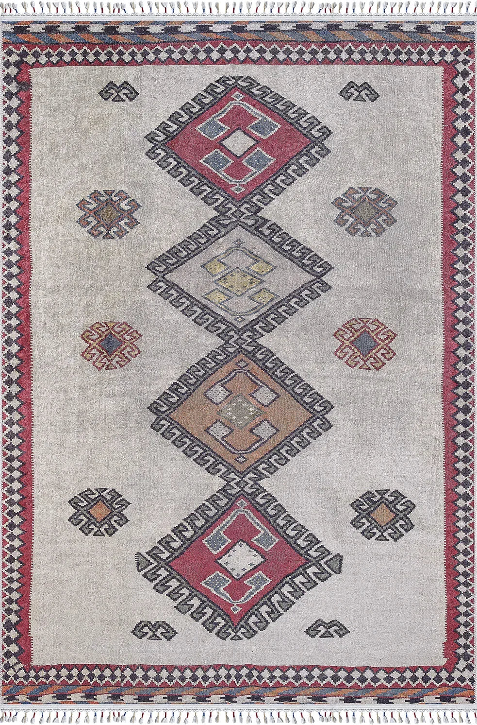 Örgü Saçaklı Bej Kırmızı Fas Etnik Desenli Halı-Pera Halı