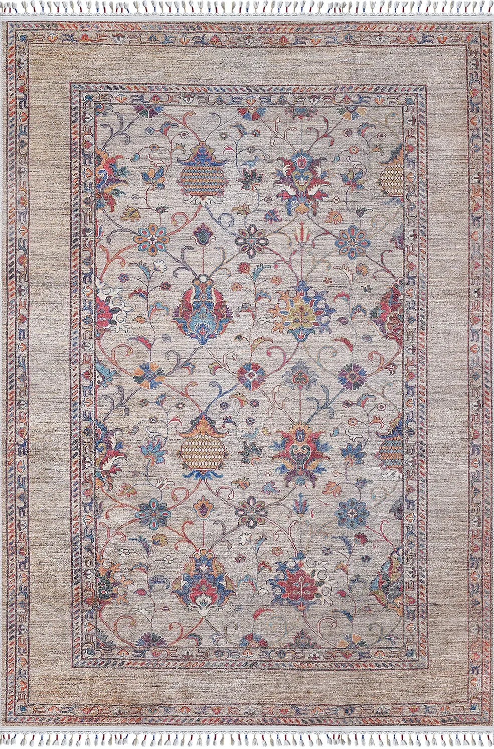 Örgü Saçaklı Bej Klasik Çiçekli Halı-Pera Halı