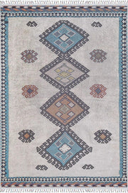 Örgü Saçaklı Bej Mavi Fas Etnik Desenli Halı-Pera Halı