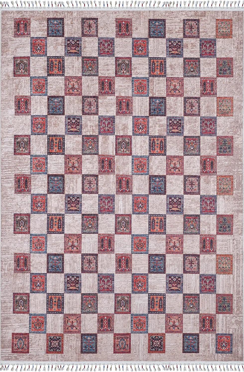 Örgü Saçaklı Bej Otantik Kareli Modern Halı-Pera Halı