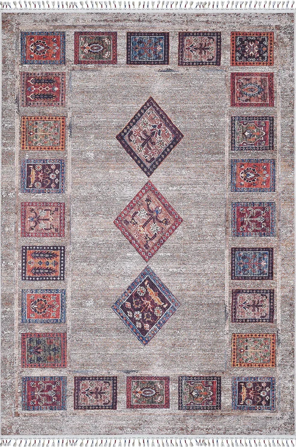 Örgü Saçaklı Bej Toprak Çok Renkli Halı-Pera Halı