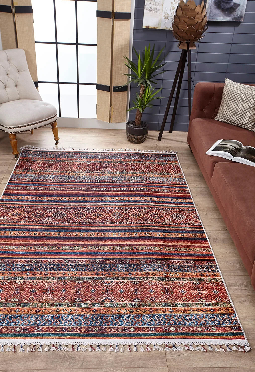 Örgü Saçaklı Çok Renkli Etnik Çizgili Yıkanabilir Halı-Pera Halı