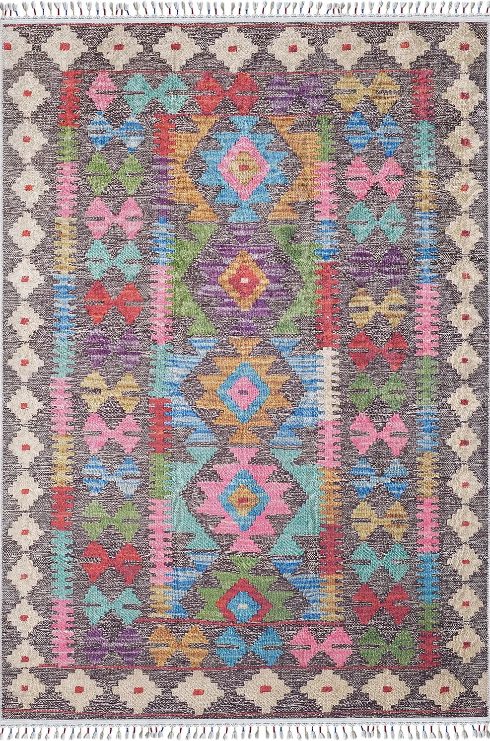 Örgü Saçaklı Çok Renkli Etnik Kilimli Halı-Pera Halı